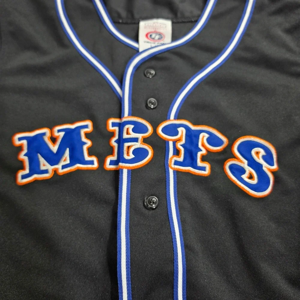 True Fan Mets Baseball Jersey Kids Large 12-14 Black MLB Button Black Blue